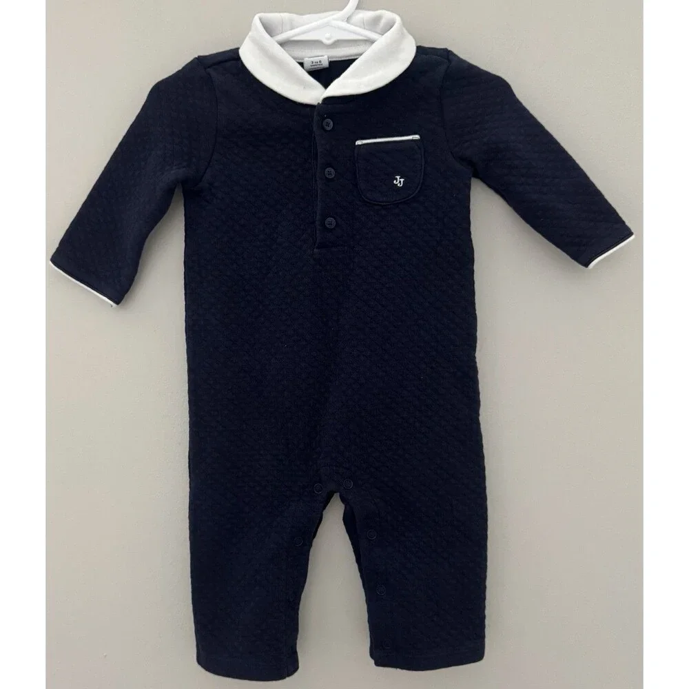 Janie And Jack Baby Boy Peter Pan Collared Quilted Navy/White Jumpsuit Size 3/6